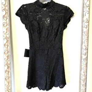 NWT Bebe Lace Romper Open Back High Mock Neck Sweetheart Underlay